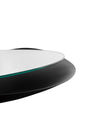 Round black and clear glass serving tray with a green edge by Alessi, featuring a sleek, modern design in an angled view.