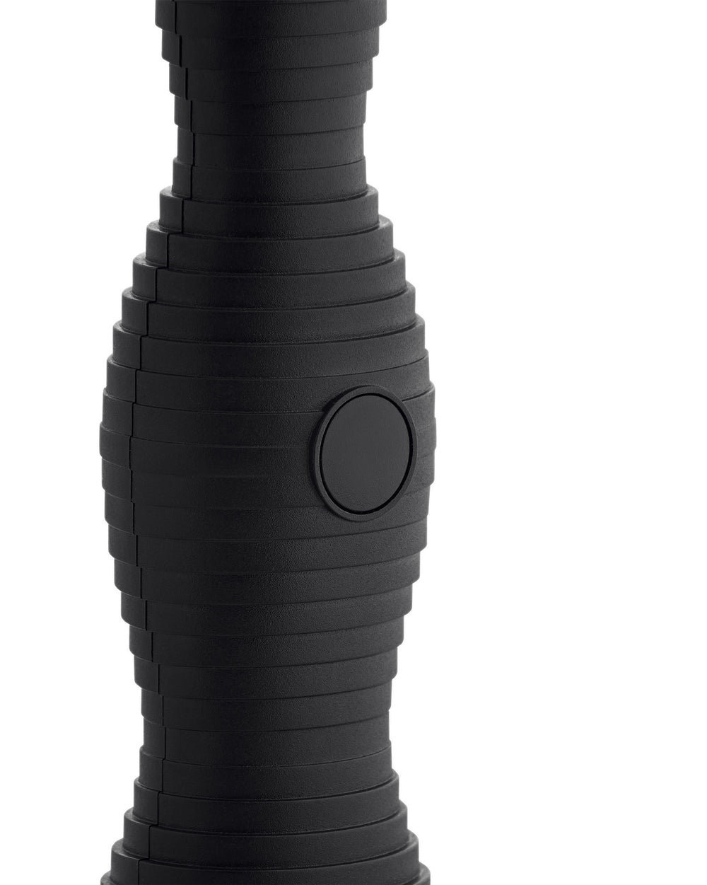 Black textured coffee maker by Alessi with horizontal stacked rings and a circular side button.
