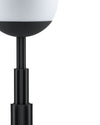 Black ribbed floor lamp by Alessi with a white spherical light diffuser.