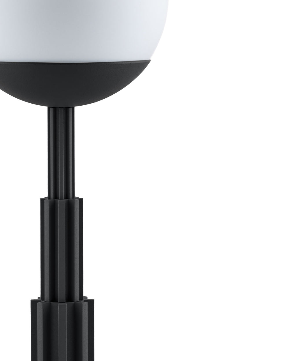 Black ribbed floor lamp by Alessi with a white spherical light diffuser.