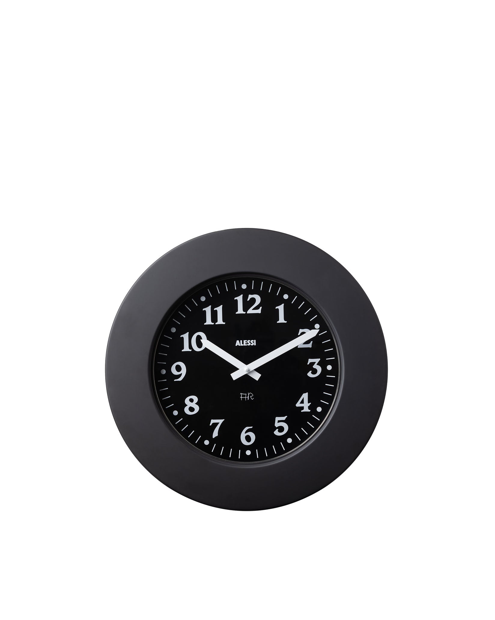 Black round wall clock by Alessi with white numbers and hands on a clean white background.