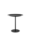 Black metal tray table by Alessi with a round top featuring cut-out handles and a circular base.
