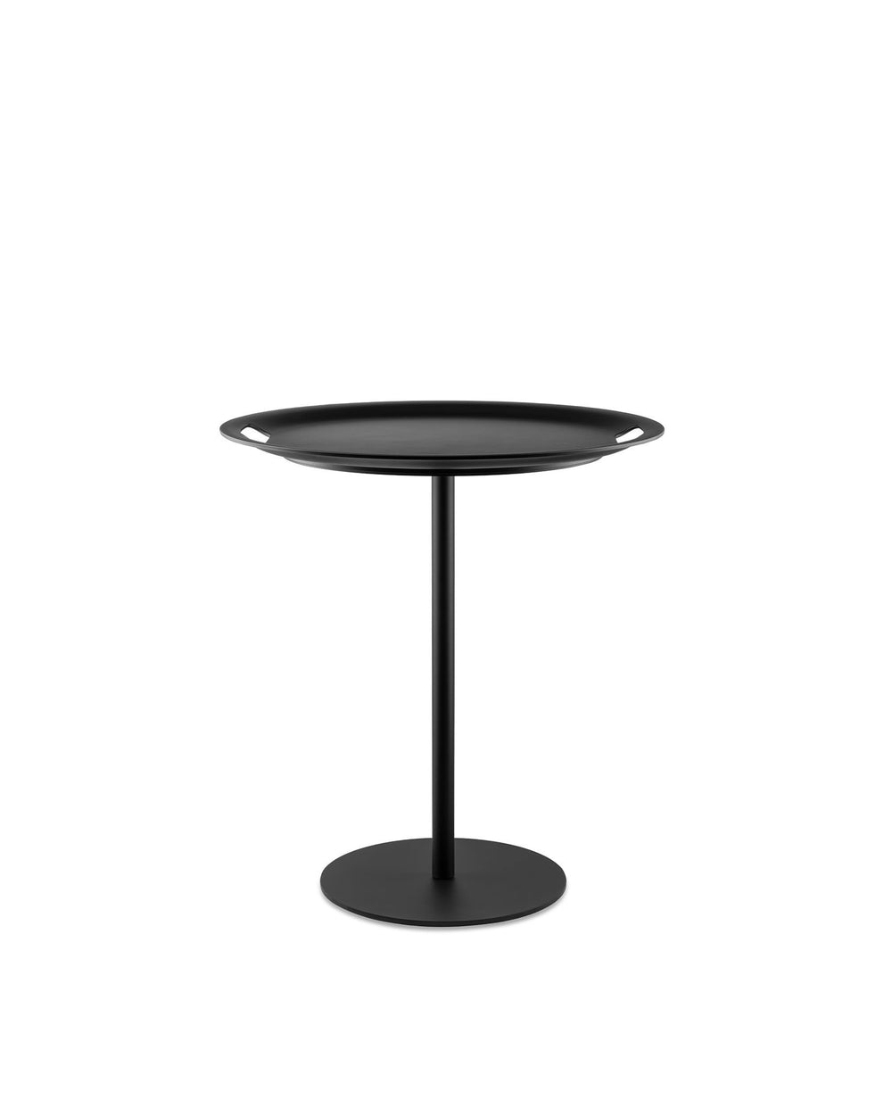Black metal tray table by Alessi with a round top featuring cut-out handles and a circular base.