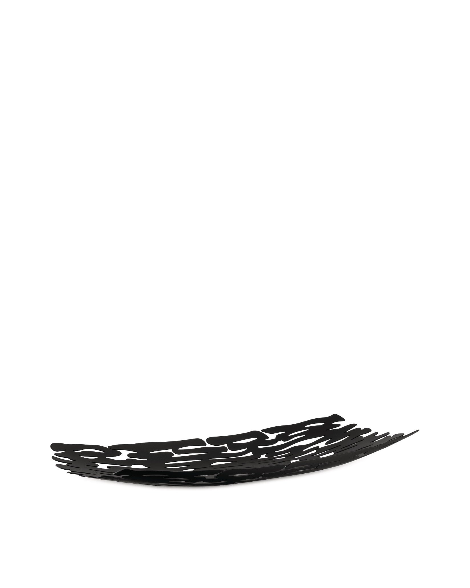 Black decorative bowl by Alessi, featuring an organic bark-like cutout design, presented from a low angle.
