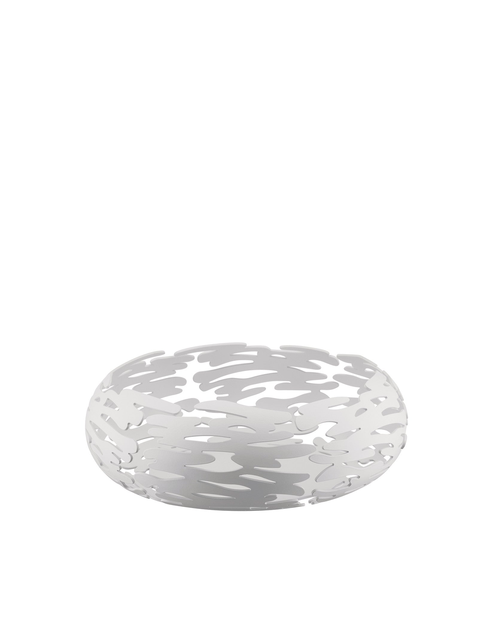 Light gray decorative bowl by Alessi, featuring an openwork bark-like pattern.