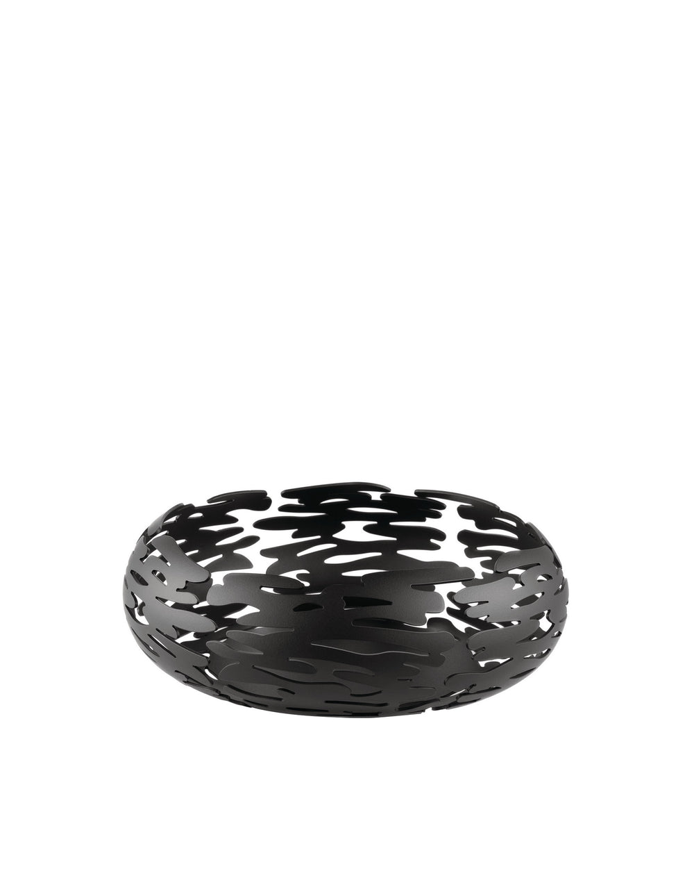 Black metal decorative bowl by Alessi with intricate organic bark-like cutouts, angled view.