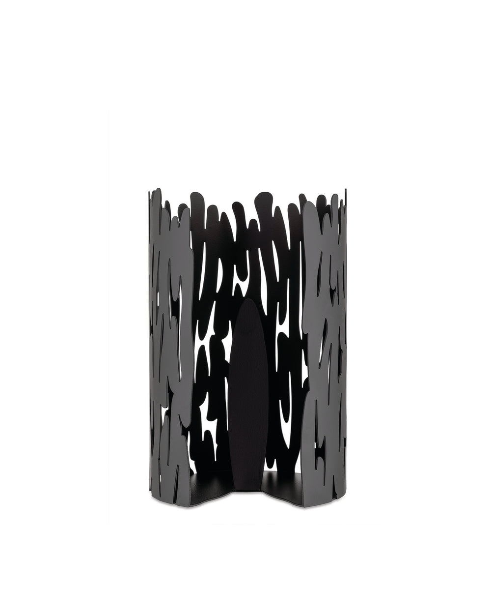 Black metallic decorative holder by Alessi with a vertical bark-like cut-out pattern on a white background.