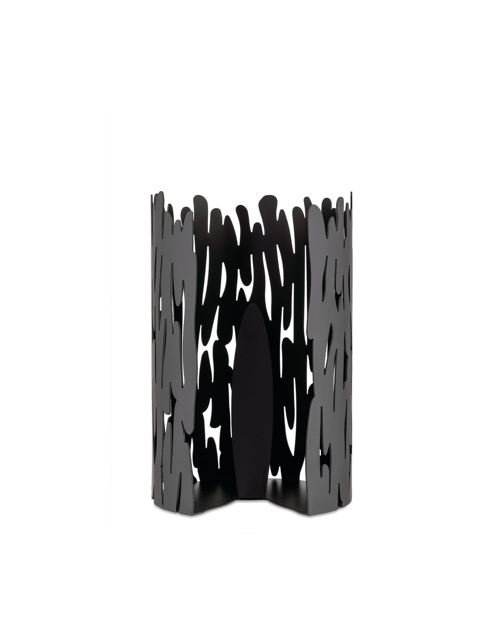 Black metallic decorative holder by Alessi with a vertical bark-like cut-out pattern on a white background.