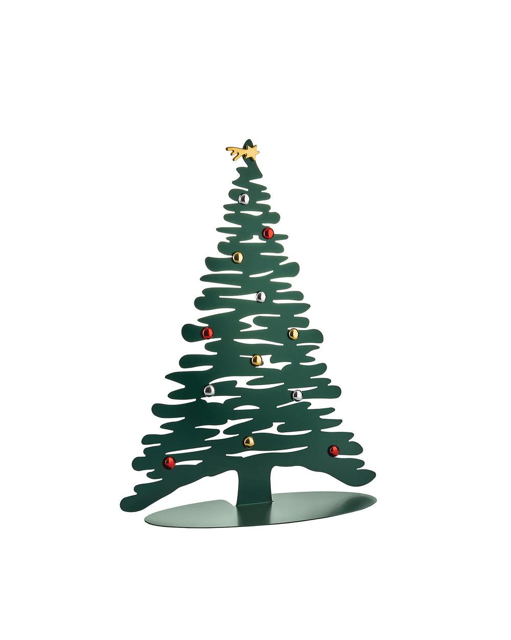 Dark green metal Christmas tree decoration by Alessi, with wavy bark-like cutouts, a gold star, and multicolored ball ornaments on an oval base.