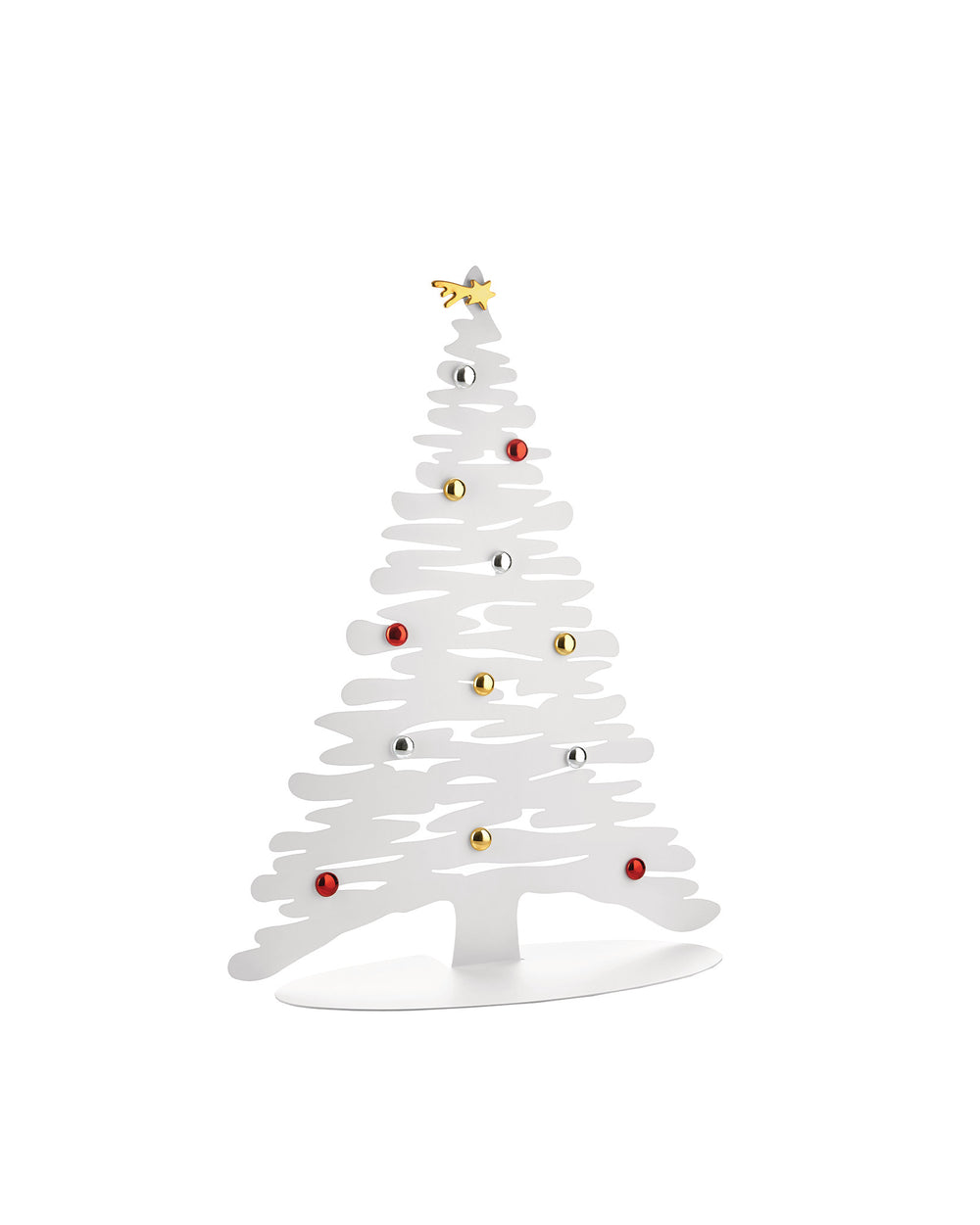 White metal decorative Christmas tree by Alessi with wavy branches, metallic red, gold, and silver ball ornaments, and a gold star.