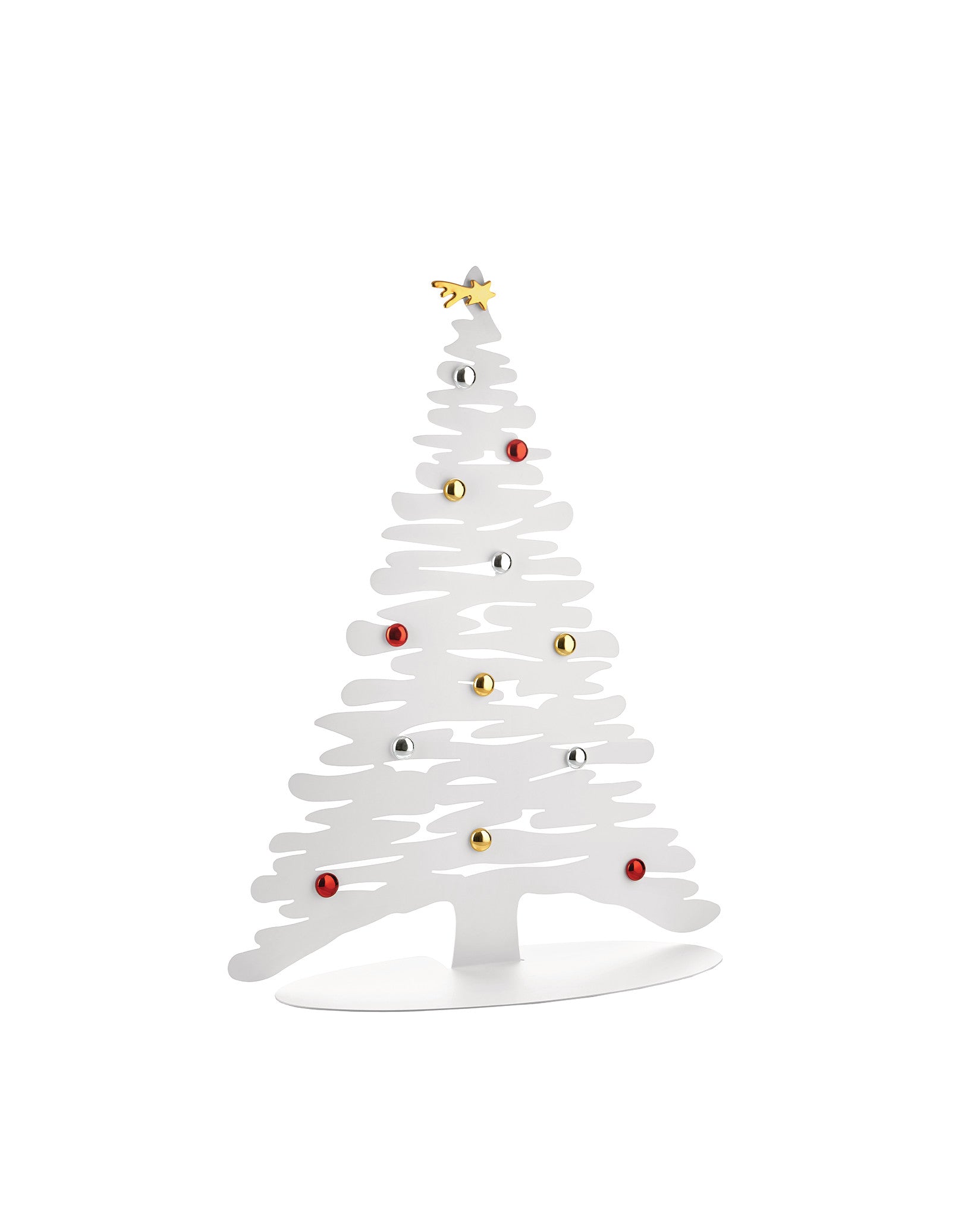 White metal decorative Christmas tree by Alessi with wavy branches, metallic red, gold, and silver ball ornaments, and a gold star.