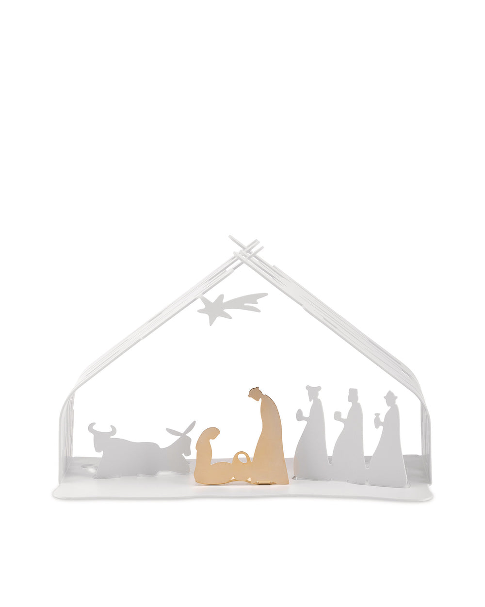 White metal nativity scene by Alessi with a striped stable design, featuring gold Holy Family figures and other white figures.