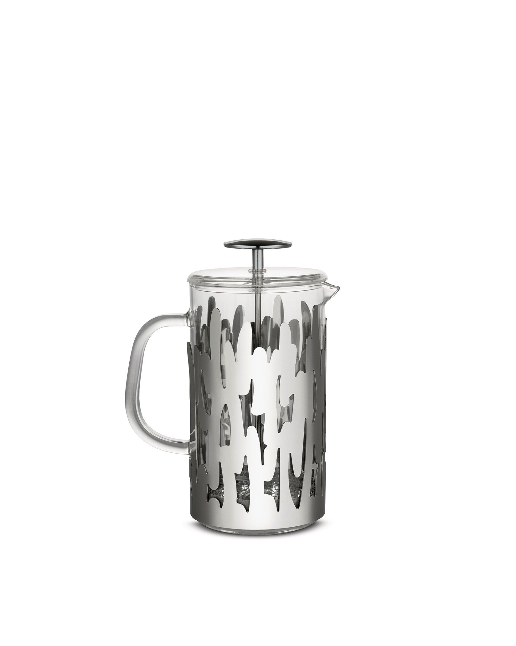 Stainless steel and glass French press by Alessi, featuring an organic bark-like cut-out pattern.