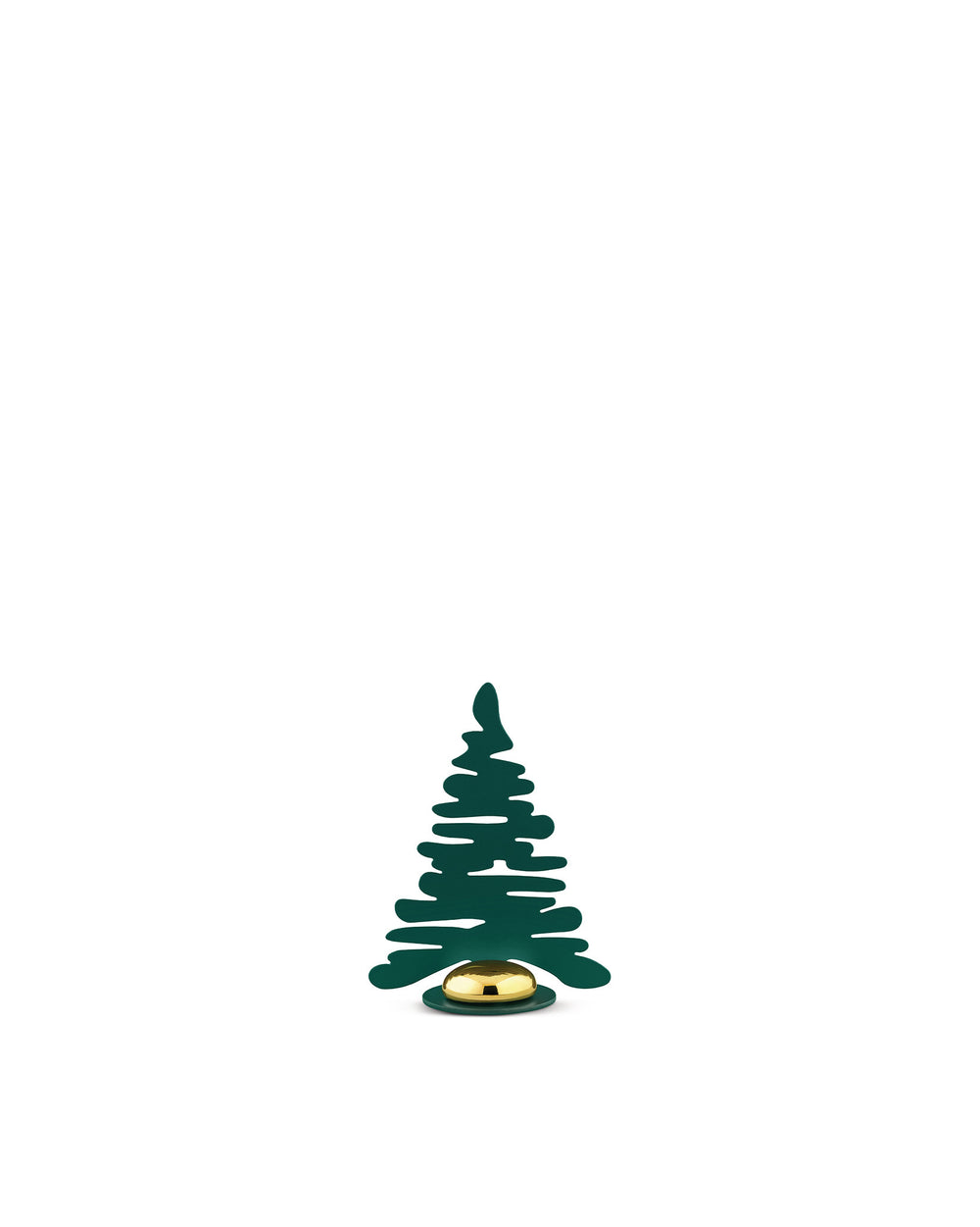 Green metal Barkplace Tree by Alessi with a gold base and abstract shape.
