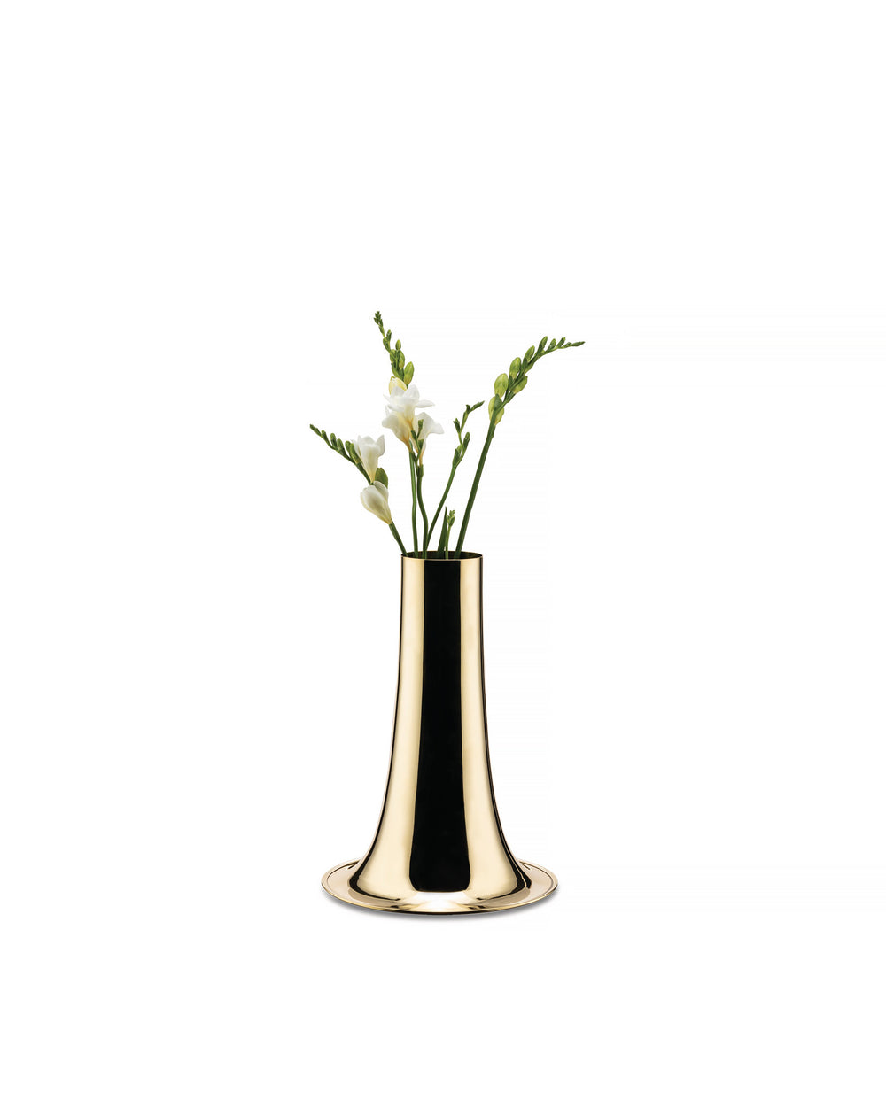 Golden trumpet-shaped vase by Alessi, holding white freesia flowers and green buds.
