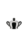 A polished stainless steel sugar bowl by Alessi, with a sleek, rounded shape and black handles and spherical lid knob.