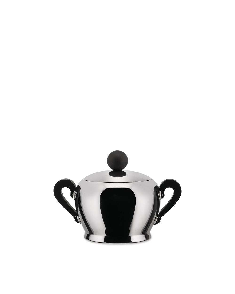 A polished stainless steel sugar bowl by Alessi, with a sleek, rounded shape and black handles and spherical lid knob.