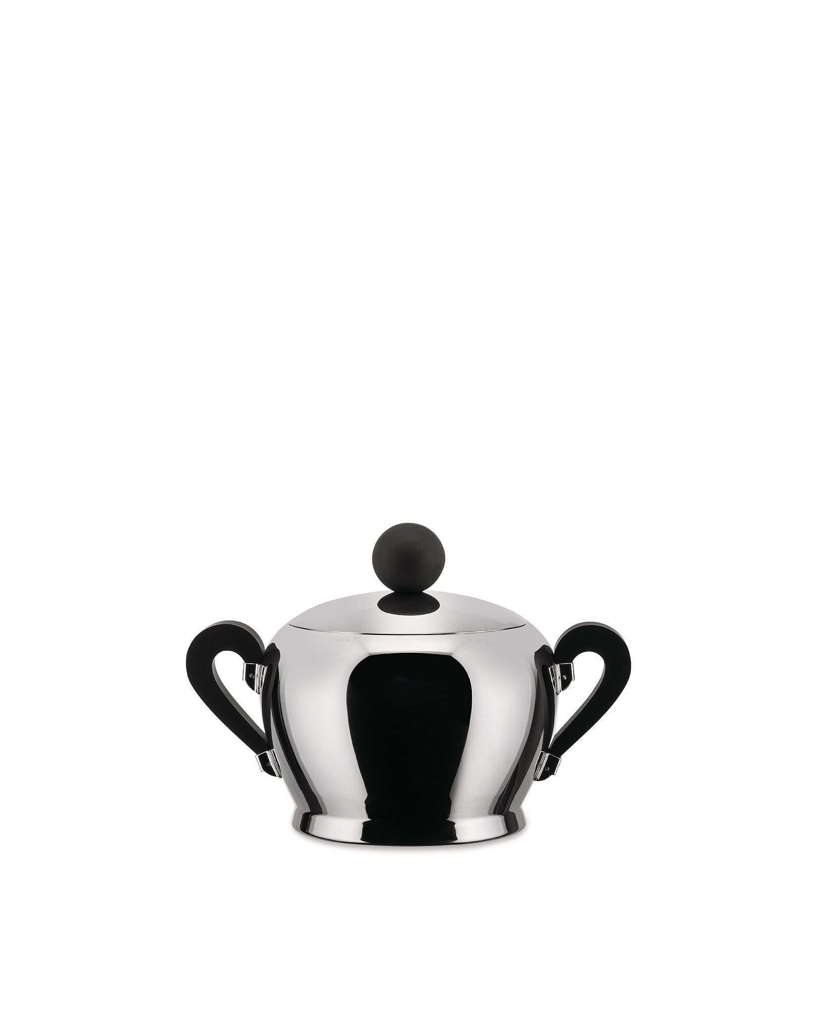 A polished stainless steel sugar bowl by Alessi, with a sleek, rounded shape and black handles and spherical lid knob.