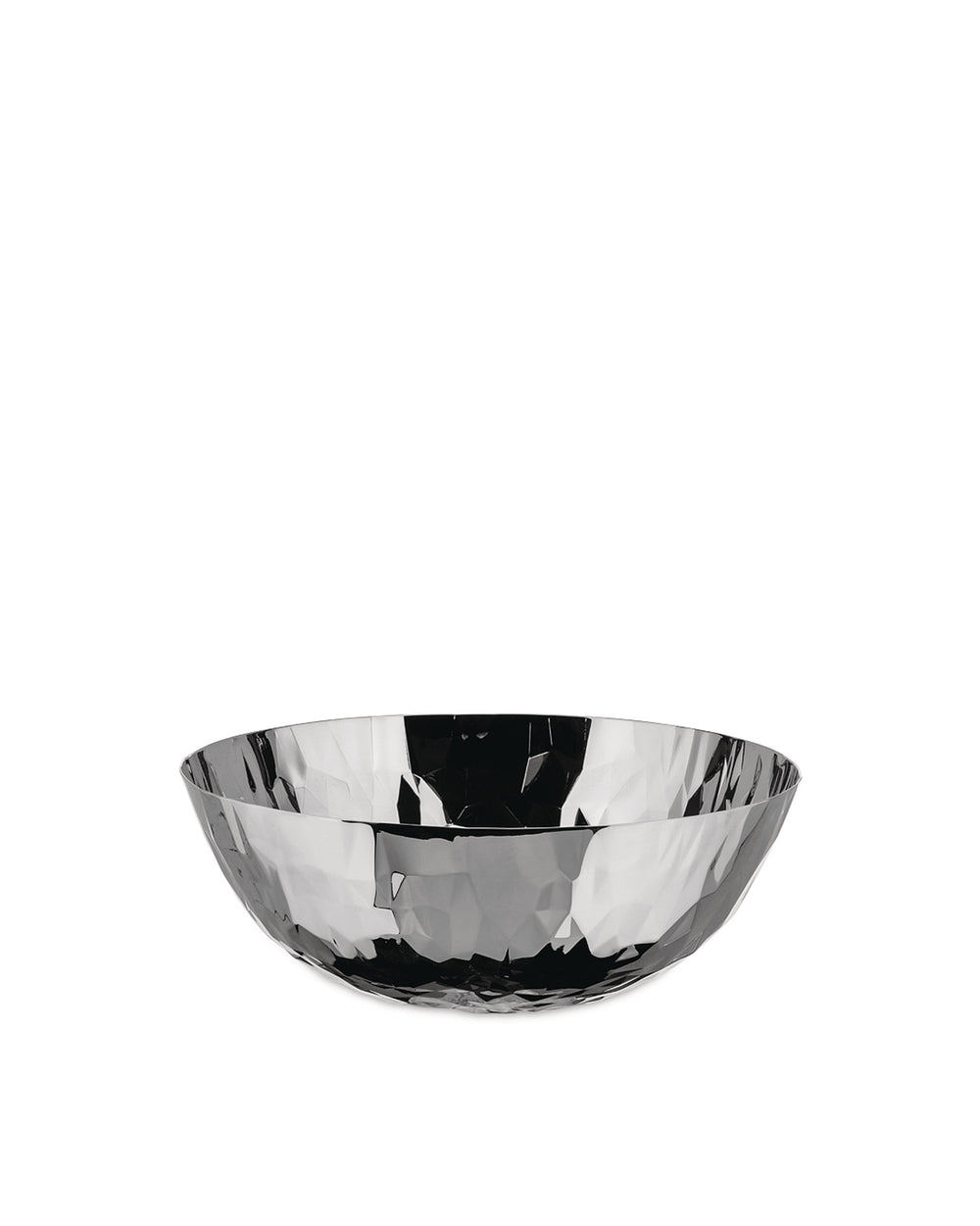 Faceted silver metal bowl by Alessi with a polished, geometric surface texture.