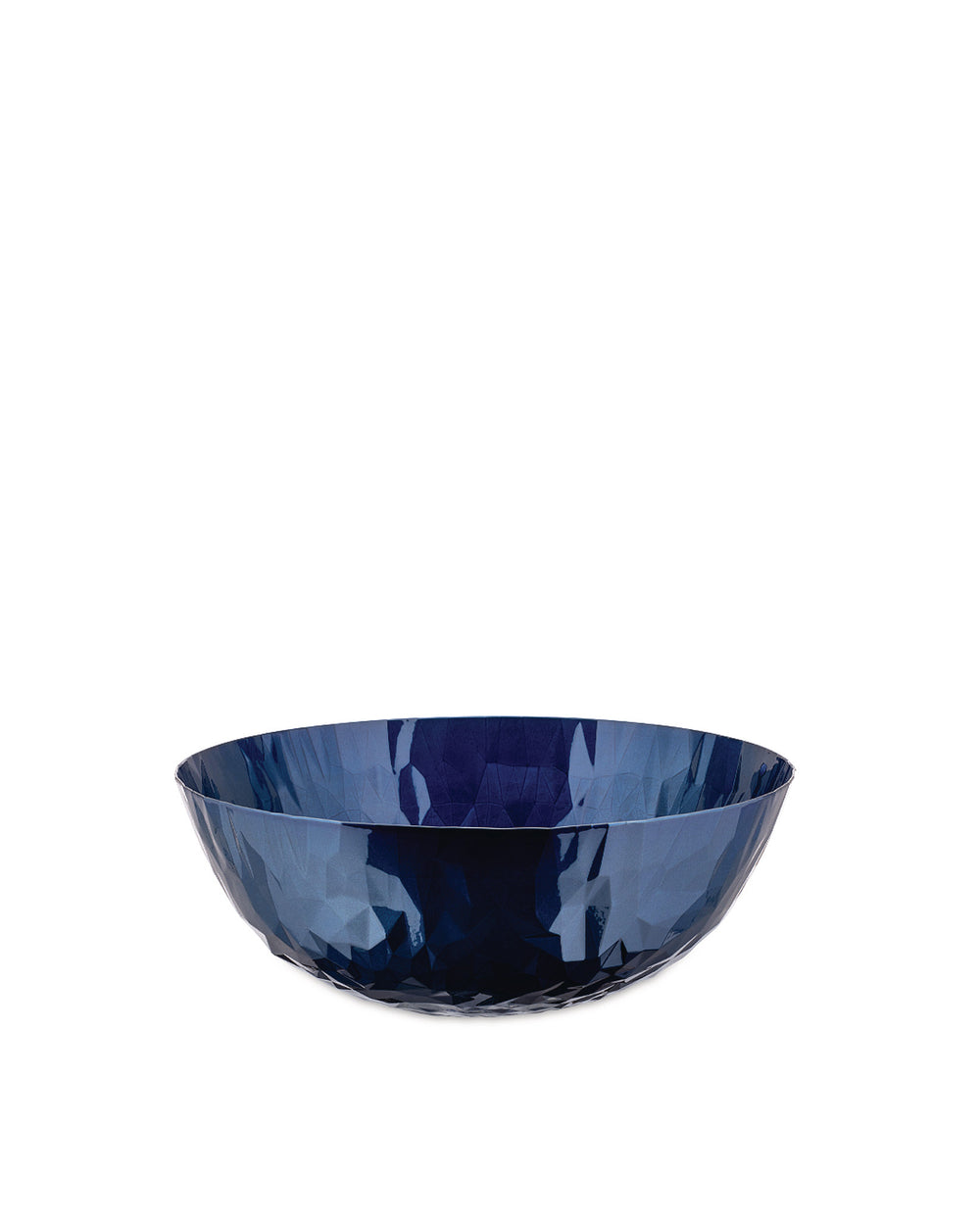 A deep blue faceted bowl by Alessi with a geometric, crumpled texture.