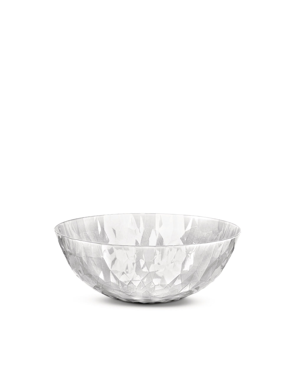 Clear faceted bowl by Alessi with a geometric pattern, side view.