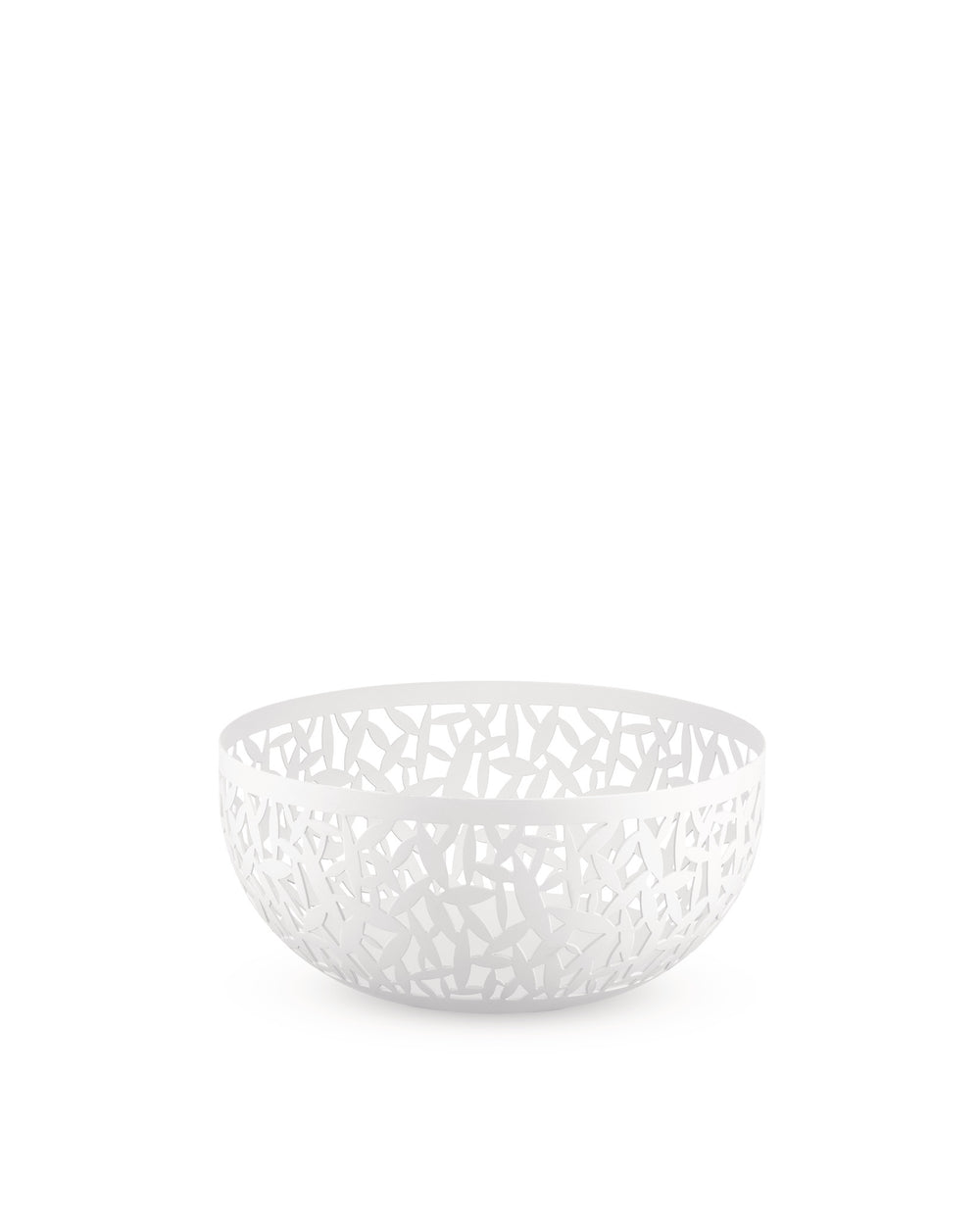 White fruit bowl by Alessi with an intricate cutout cactus leaf pattern.