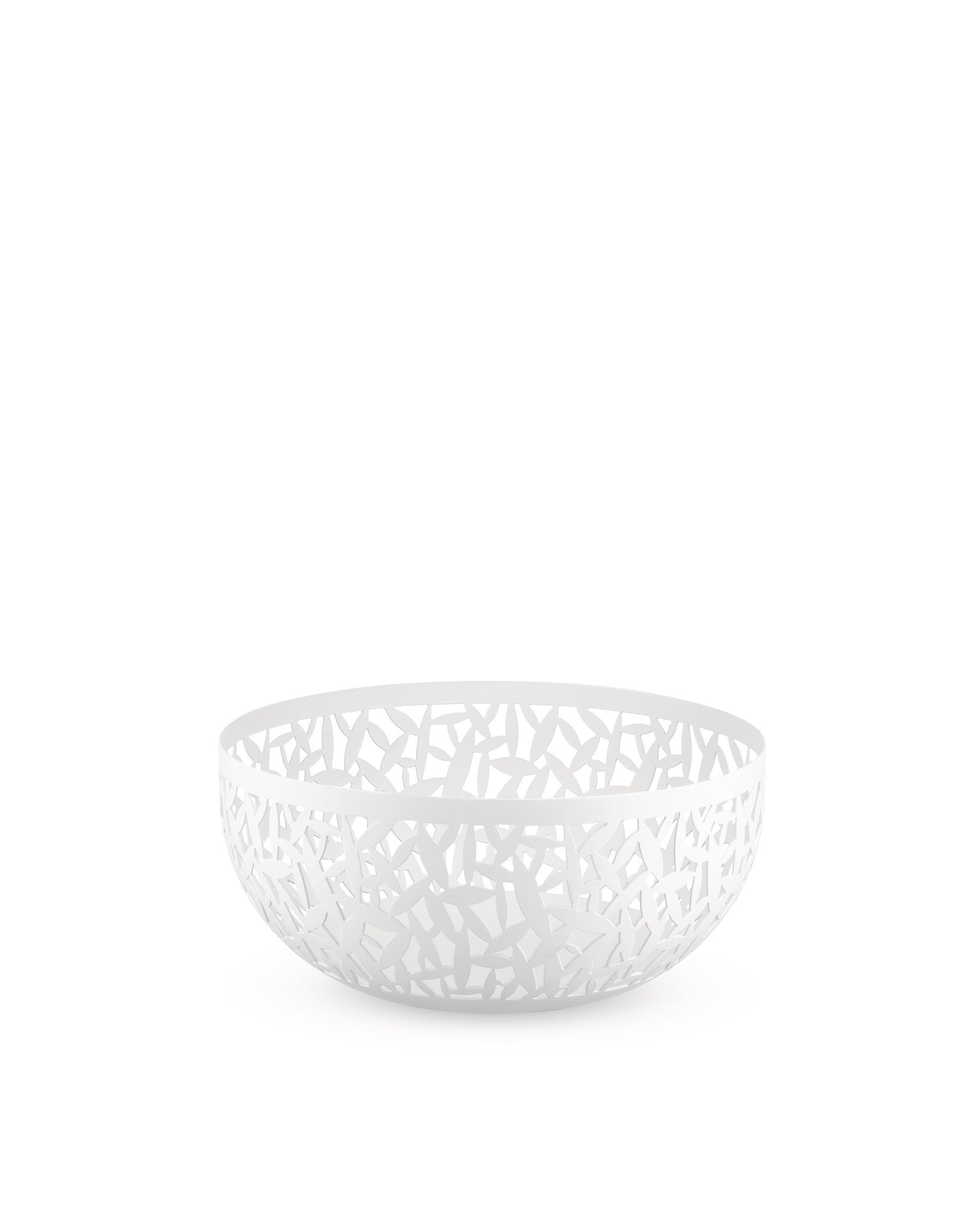 White fruit bowl by Alessi with an intricate cutout cactus leaf pattern.