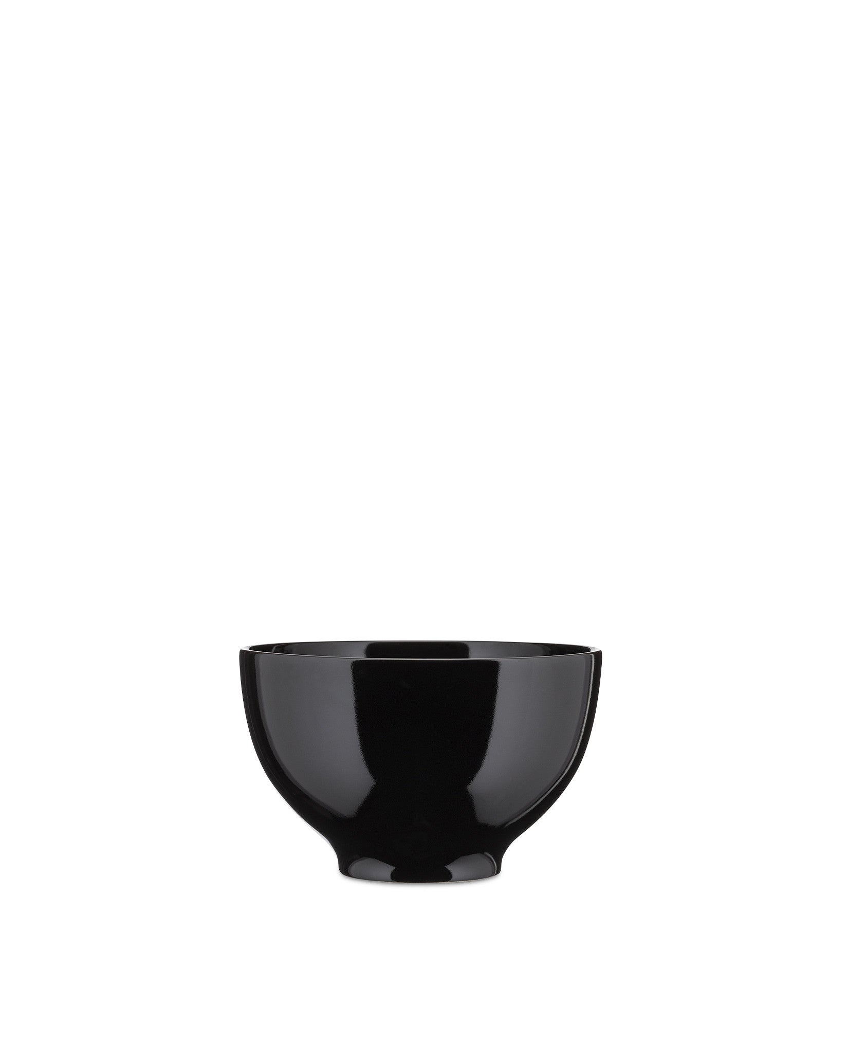Black glossy bowl by Alessi, with a smooth, rounded shape and slight base.