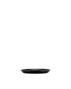 Black oval dish by Alessi with a glossy finish and thin white rim on a white background.