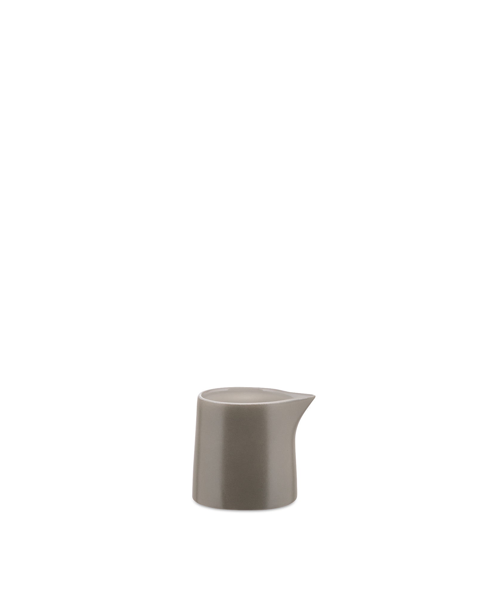 Gray ceramic creamer by Alessi with a smooth finish and pour spout.