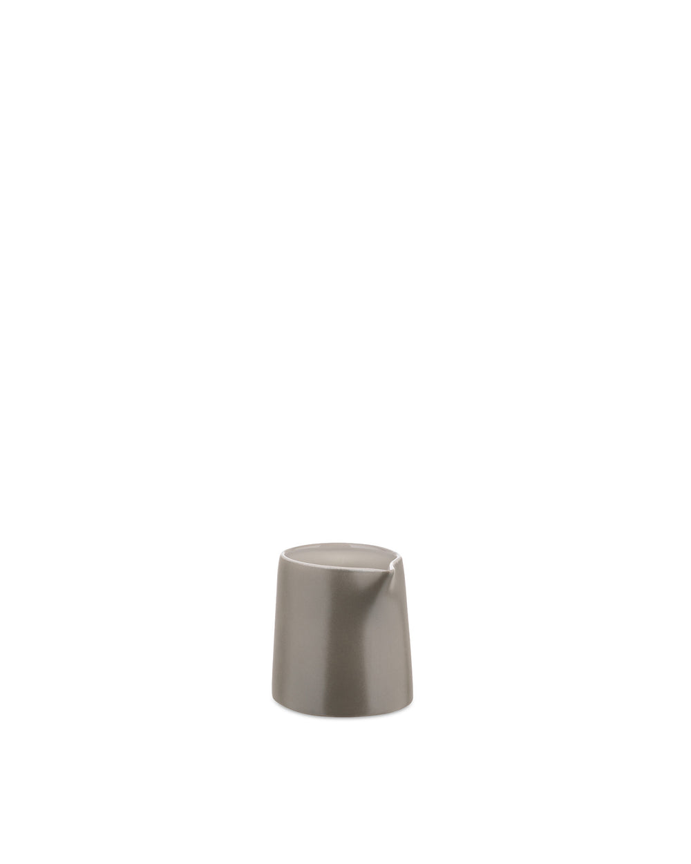 Gray minimalist ceramic creamer by Alessi, featuring a sleek cylindrical body and pouring spout.