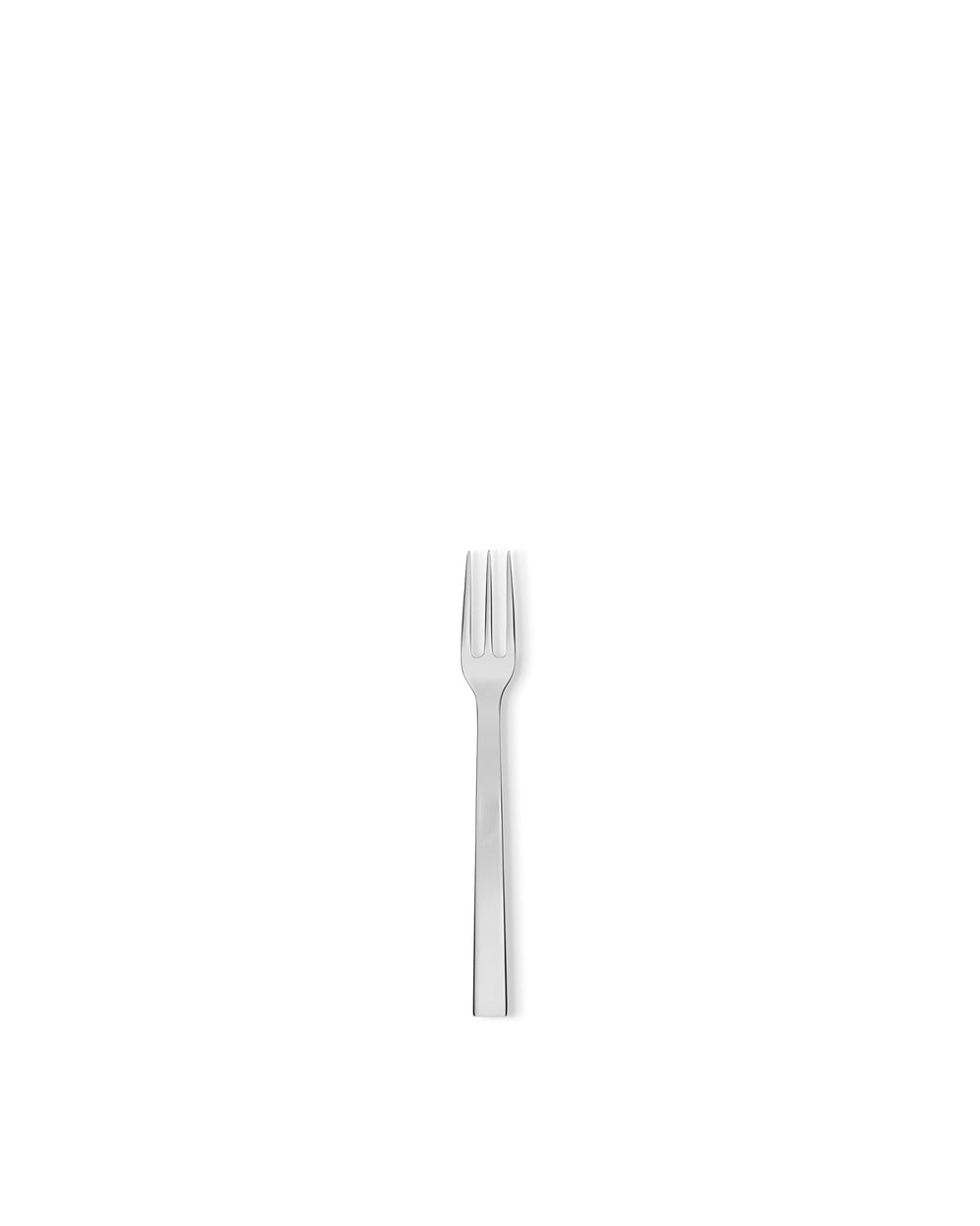 Polished silver fork by Alessi with a modern design, isolated on a white background.