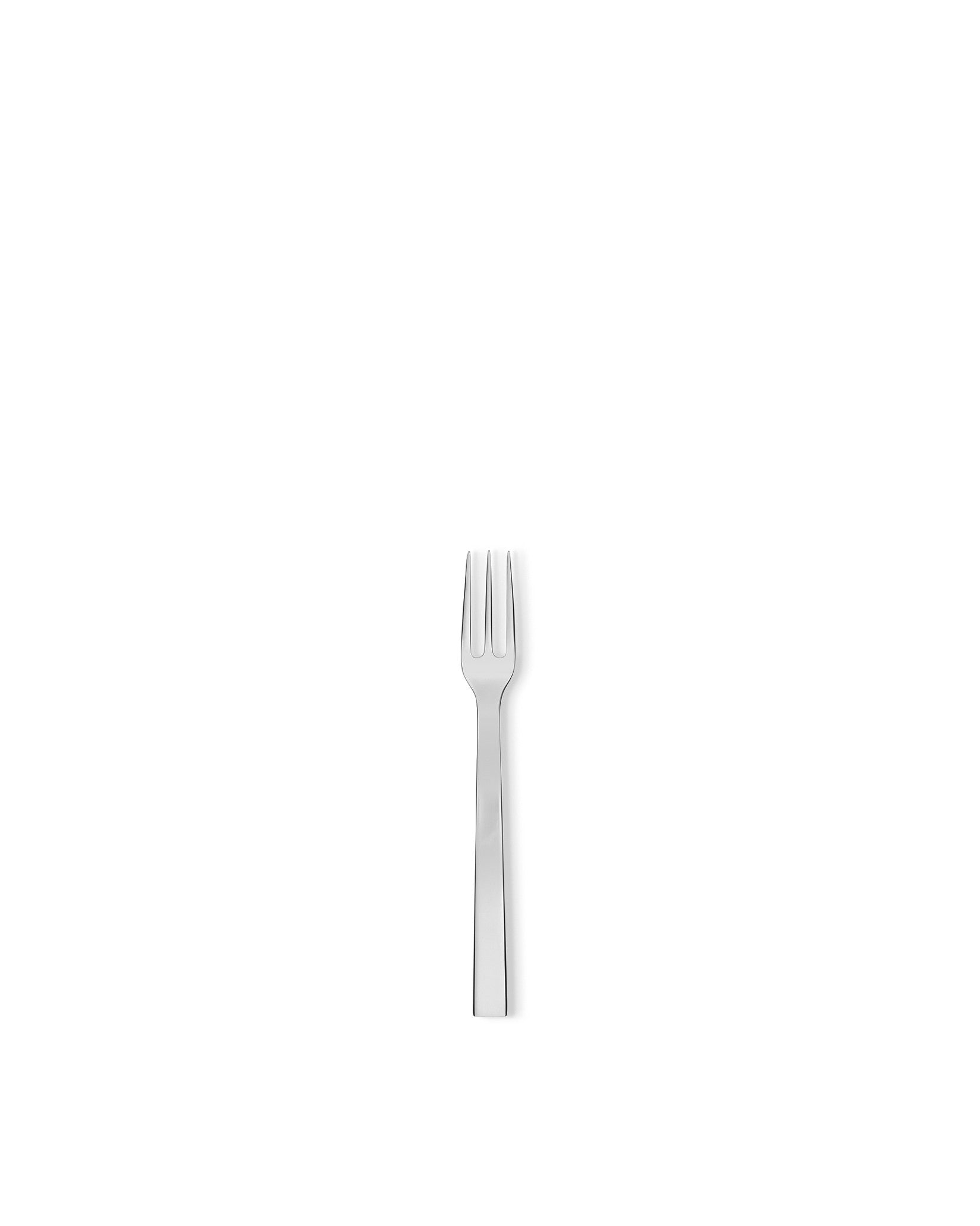 Polished silver fork by Alessi with a modern design, isolated on a white background.