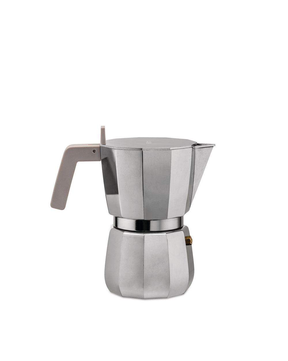 Silver metallic moka pot by Alessi with a light grey handle and octagonal design.