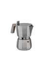 Silver octagonal Moka pot by Alessi with grey handle and brass safety valve.