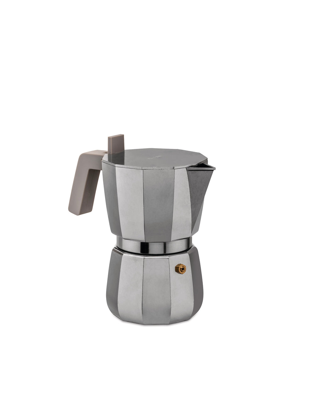 Silver octagonal Moka pot by Alessi with a grey ergonomic handle and bronze safety valve.