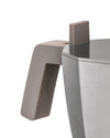 Silver moka pot with taupe handle by Alessi, showing the top portion and a rectangular lid knob.