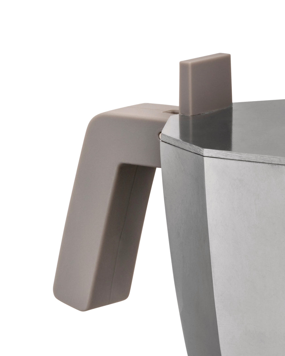 Silver moka pot with taupe handle by Alessi, showing the top portion and a rectangular lid knob.