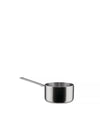 Stainless steel pot by Alessi with a long, flat handle and brushed finish, viewed from the side.