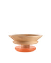 Wooden bowl by Alessi with a wide, light-colored body and a glossy orange circular base.