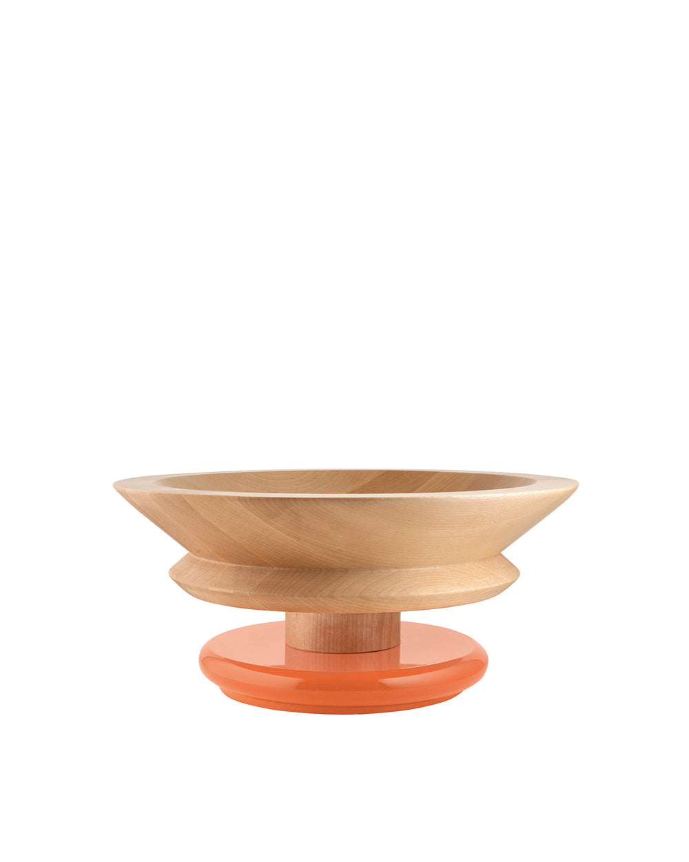 Wooden bowl by Alessi with a wide, light-colored body and a glossy orange circular base.
