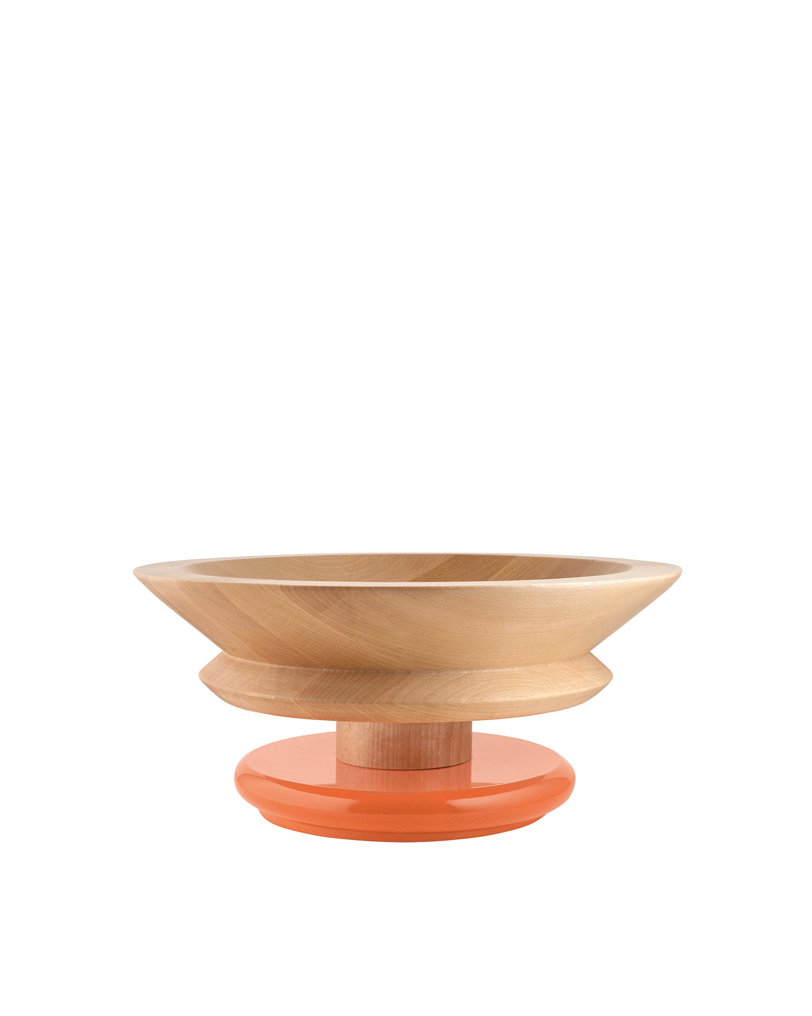 Wooden bowl by Alessi with a wide, light-colored body and a glossy orange circular base.