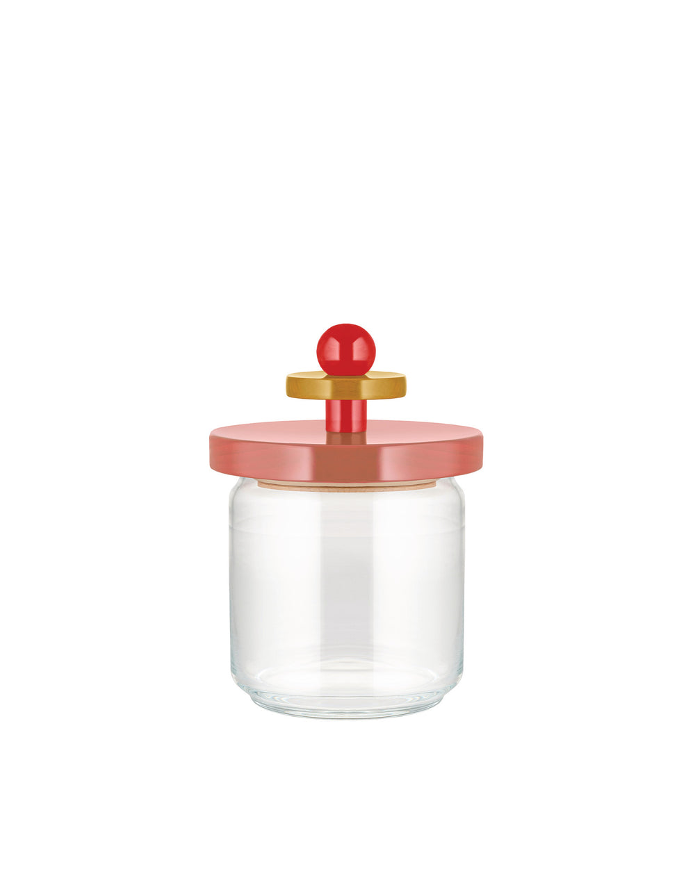 Clear glass storage jar by Alessi with a rose-colored lid, gold disk, and red spherical knob handle.