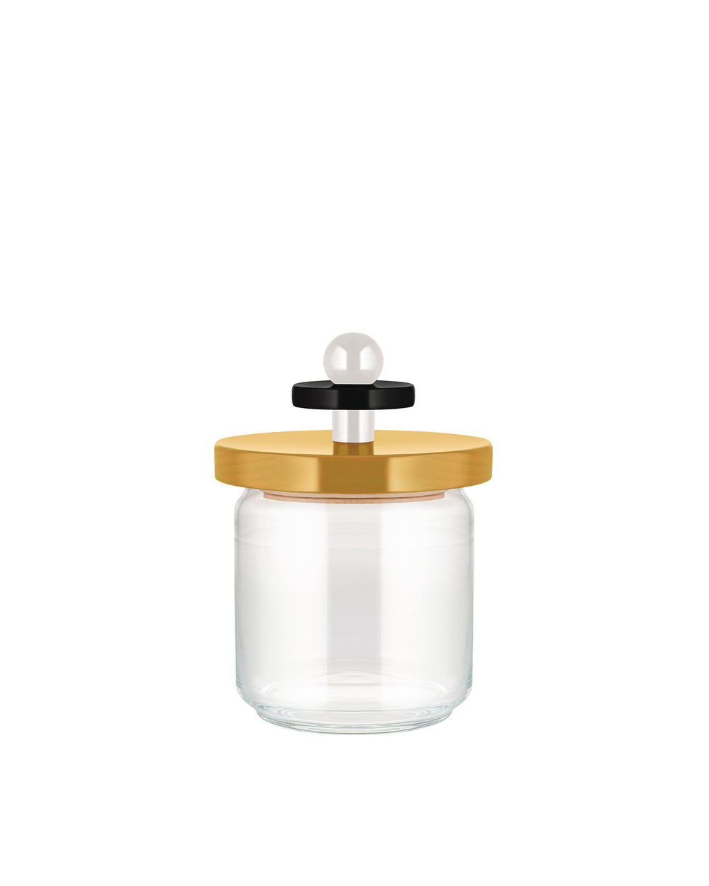 Clear glass jar by Alessi with a gold lid, black accent, and white spherical handle.