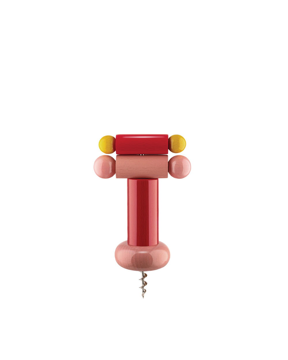 Multi-colored wooden corkscrew by Alessi, composed of red, pink, and yellow geometric shapes, with a metal spiral.