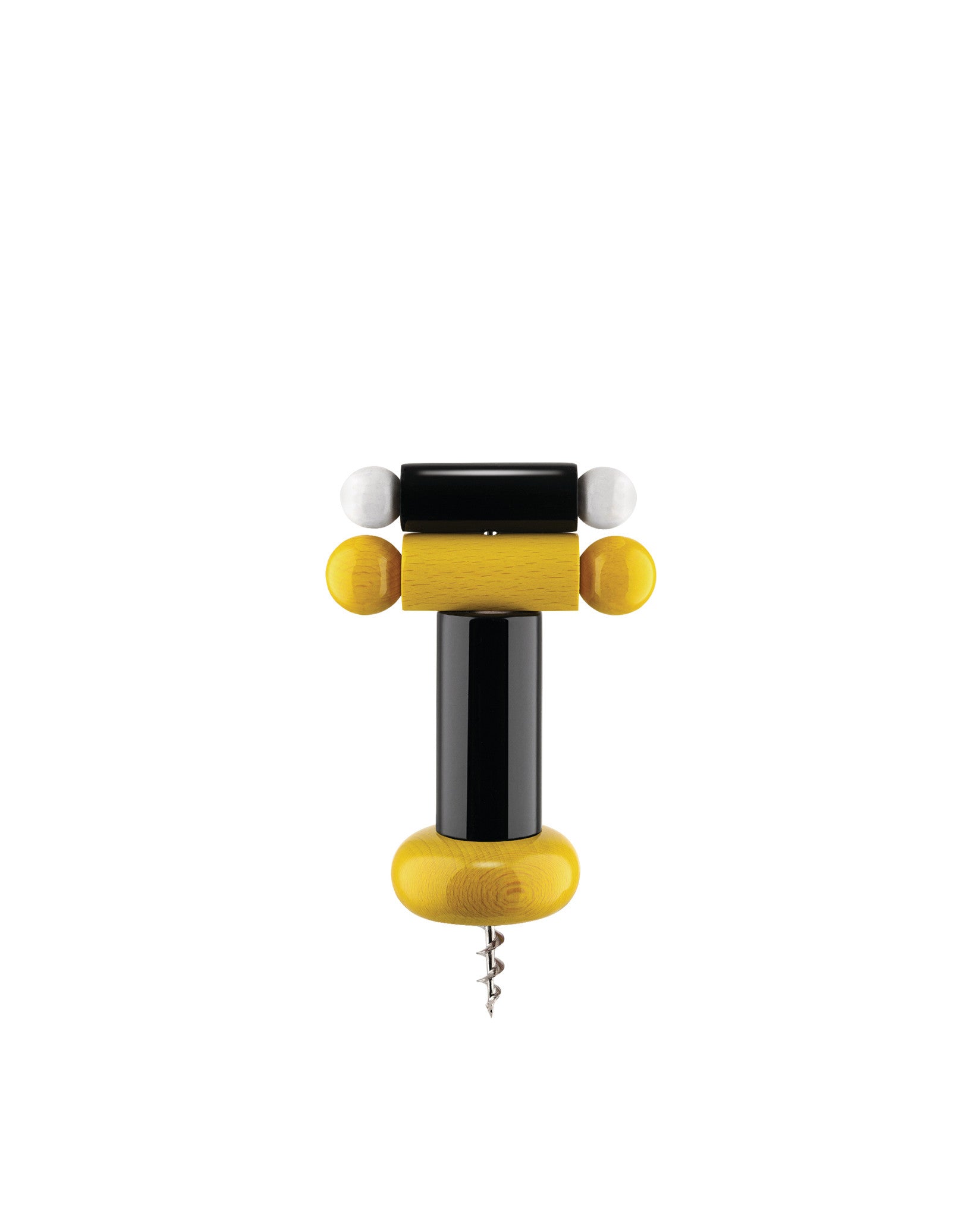 Multi-colored abstract corkscrew by Alessi, with a stacked design of black, yellow wood, and white spherical and cylindrical shapes.