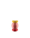 Pinkish-red decorative container by Alessi with a light wooden lid and a shiny red base.