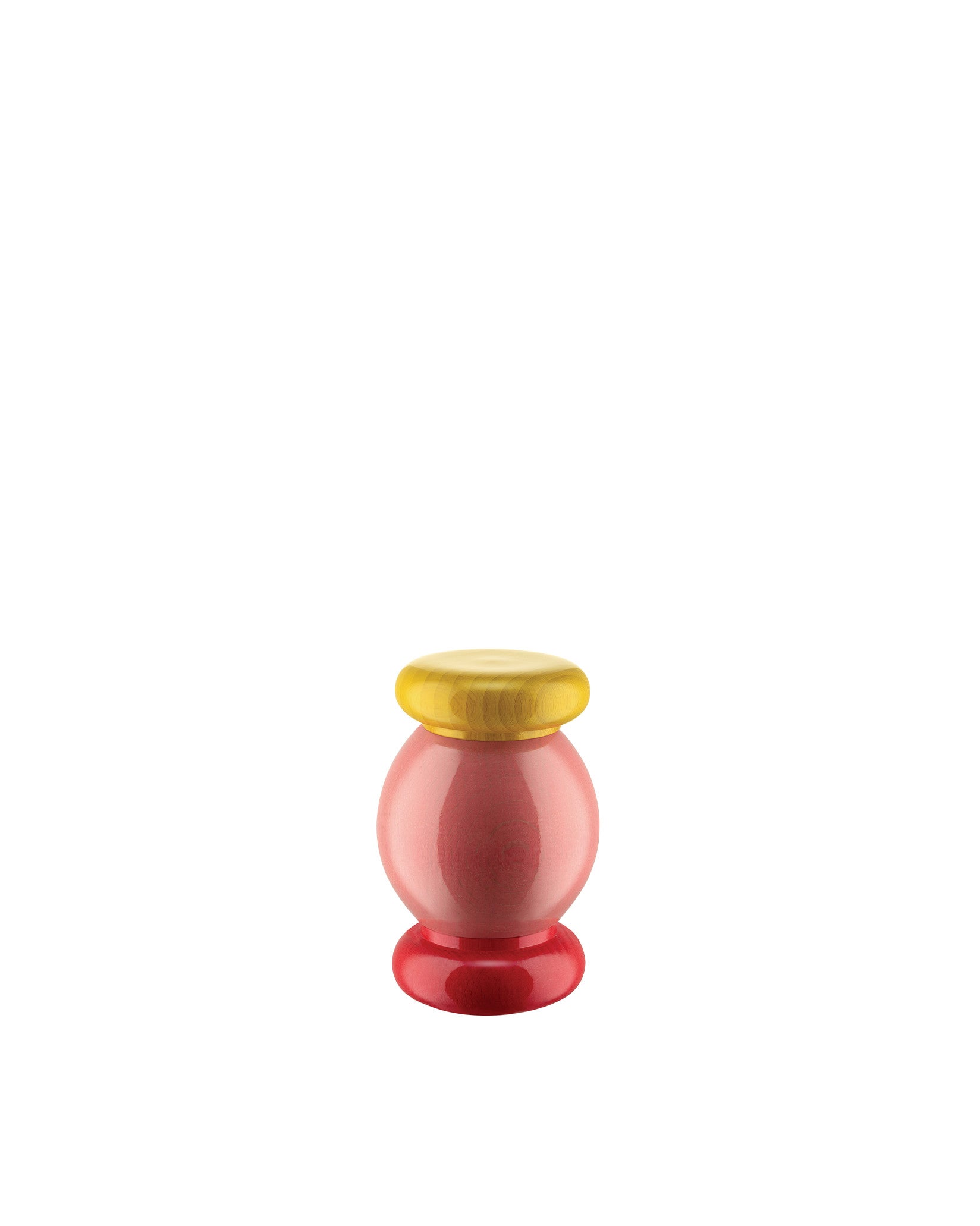 Pinkish-red decorative container by Alessi with a light wooden lid and a shiny red base.