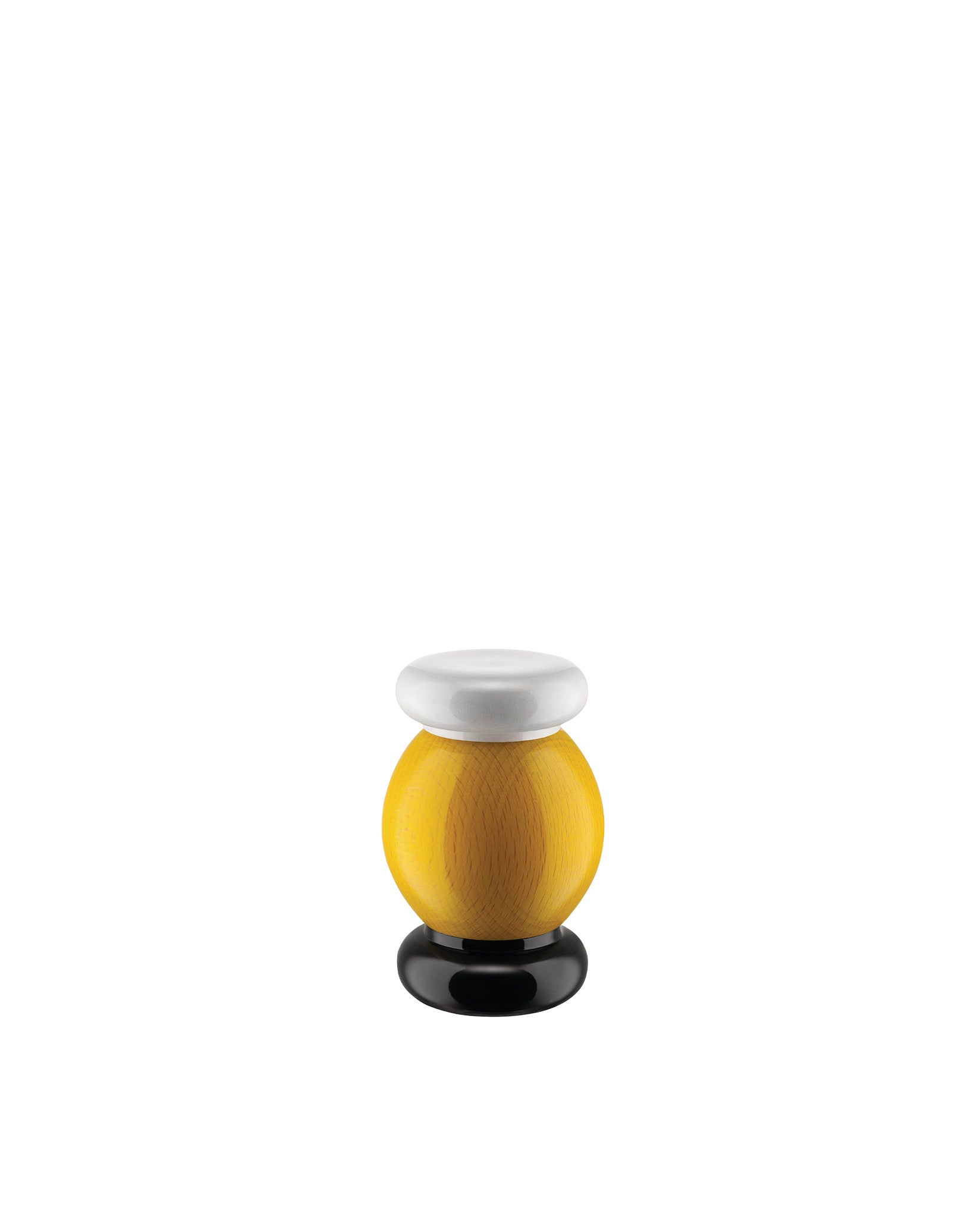 Yellow wooden salt and pepper mill by Alessi, featuring a white rounded top and black sculpted base.