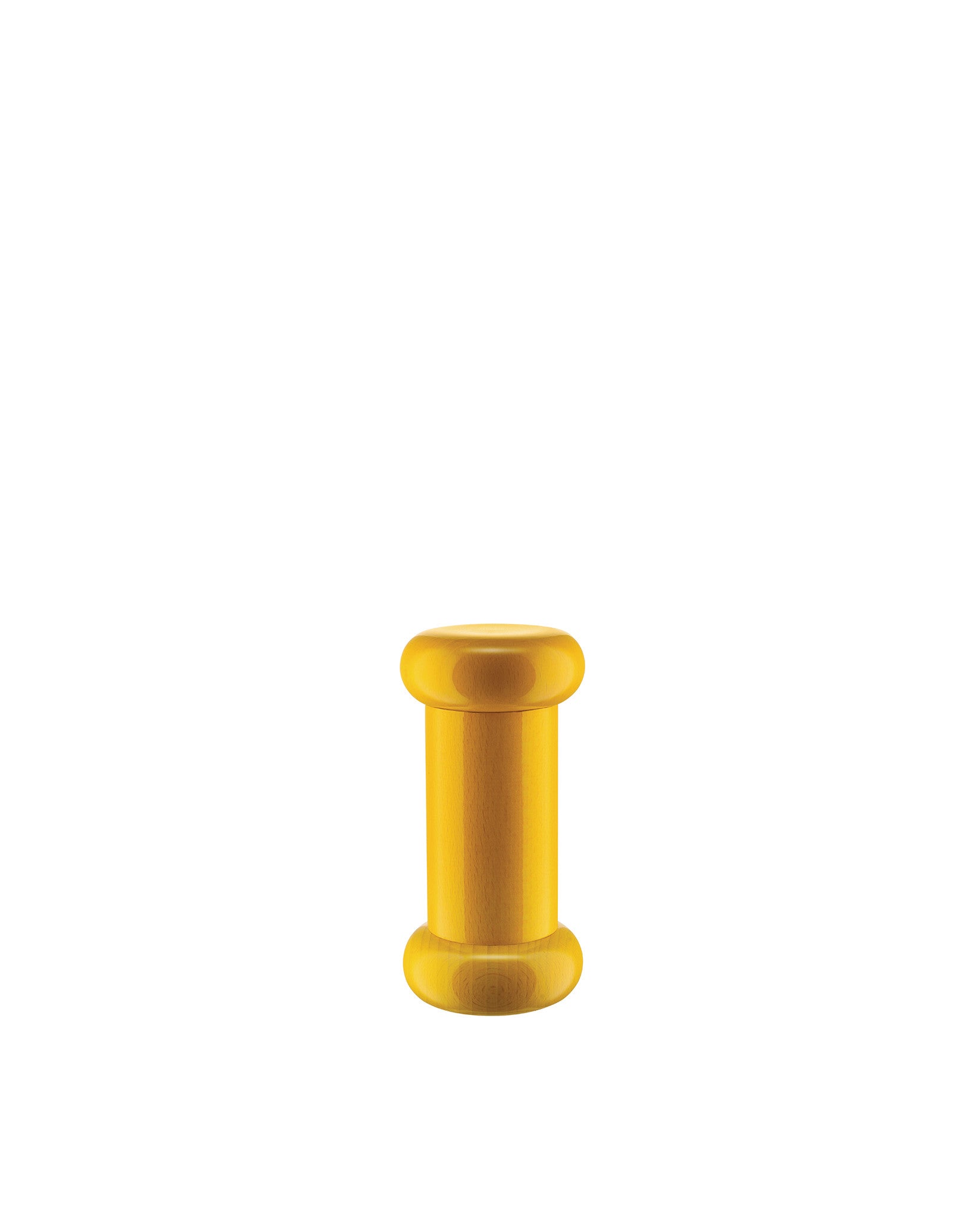 Yellow wooden bobbin-shaped object by Alessi with a smooth finish and subtle wood grain.